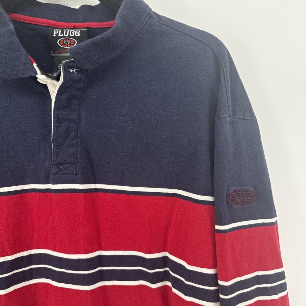 VTG PLUGG Rugby Sport Wear Long Sleeve Shirt Blue Red Stripe Cotton Men’s XL